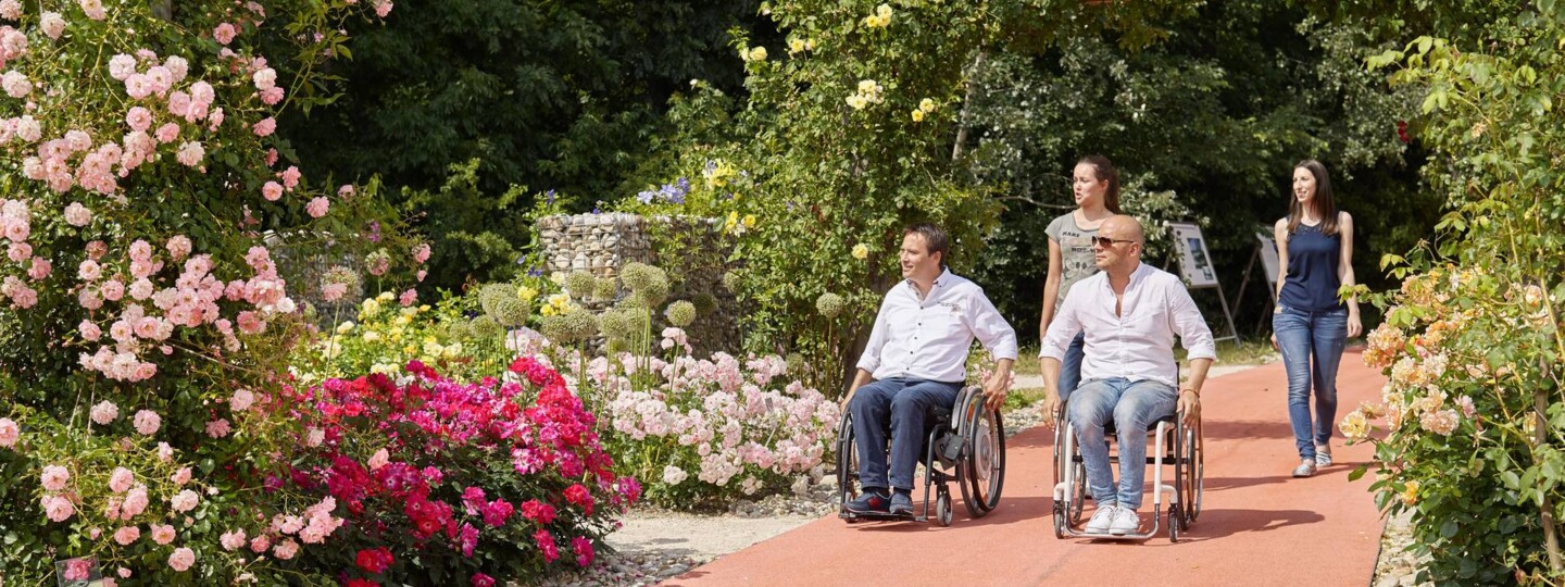 Four people, two of them in wheelchairs, look at pink roses at DIE GARTEN TULLN